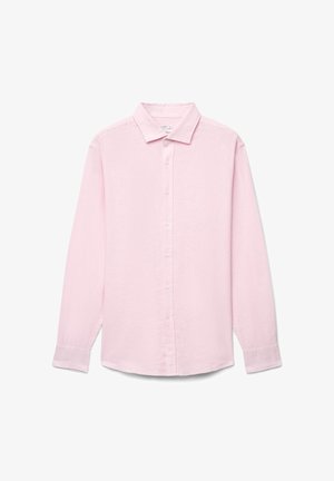 Camicia rosa chiaro a maniche lunghe con bottoni e colletto, mostrata distesa su uno sfondo bianco.