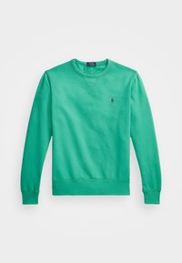 Långärmad crewneck sweatshirt i tealgrön med ribbade ärmslut och nederkant, med en liten broderad mörk logotyp på vänster bröst.