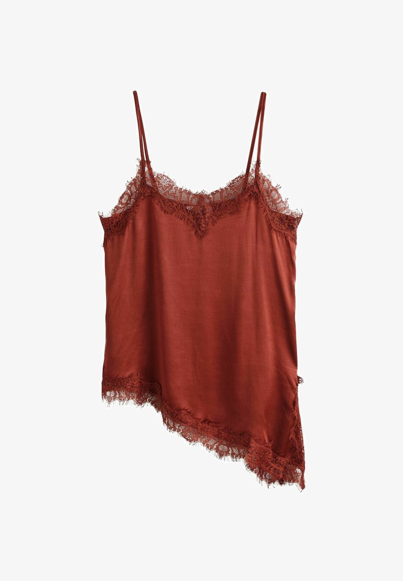 Rust-colored satin camisole with lace trim along neckline, hem, and asymmetrical bottom, featuring thin spaghetti straps.