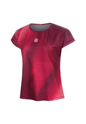 Maglietta sportiva rossa a maniche corte con scollo rotondo e piccolo logo circolare sul petto, realizzata in tessuto mesh traspirante.