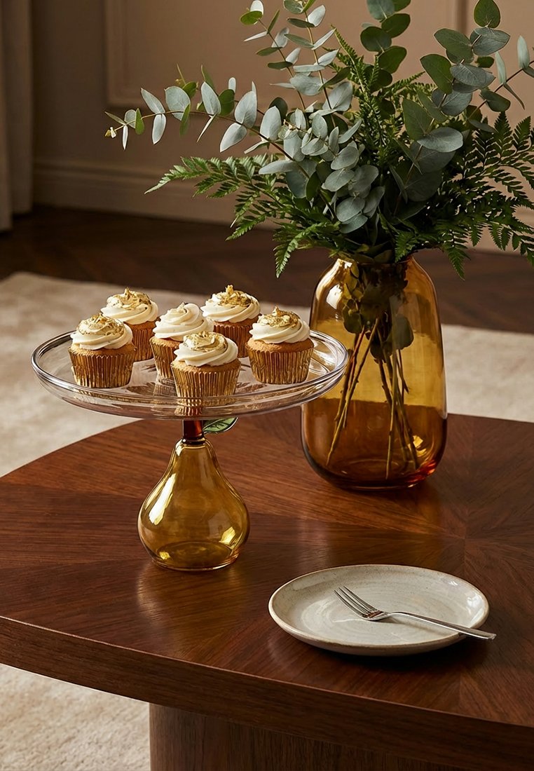 Sześć babeczek z lukrem na szklanym bursztynowym stojaku, bursztynowy wazon z zielonymi liśćmi oraz talerz z widelcem na drewnianym stole.