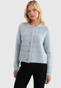 Gaiši zilais adīts kardigans ar ribotām tekstūrām, pieciem zeltītiem pogām, apaļu kakla izgriezumu un garām piedurknēm, apvienots ar melniem biksēm.