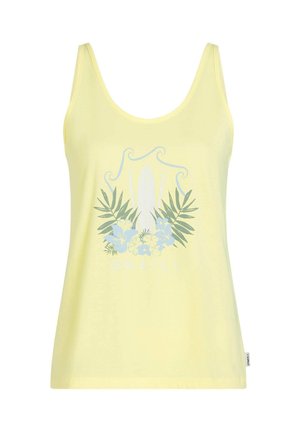 Gelbes ärmelloses Tanktop mit blauem Grafikdesign von Surfbrettern, tropischen Blättern und Blumen. Hergestellt aus leichtem Stoff.