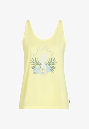 Gelbes ärmelloses Tanktop mit blauem Grafikdesign von Surfbrettern, tropischen Blättern und Blumen. Hergestellt aus leichtem Stoff.