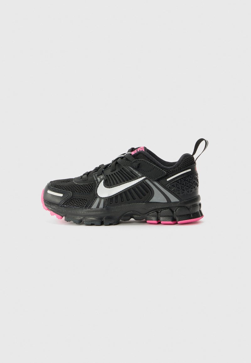Black athletic shoes with gray and pink accents, mesh upper, cushioned sole, and textured heel. Features a reflective logo and pull tab.