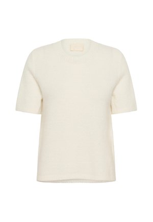 Rövid ujjú krémszínű pulóver, puha kötött anyagból készült. Kerek nyakú és bordázott élekkel rendelkezik, amelyek textúrát és struktúrát adnak neki.