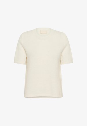 Rövid ujjú krémszínű pulóver, puha kötött anyagból készült. Kerek nyakú és bordázott élekkel rendelkezik, amelyek textúrát és struktúrát adnak neki.