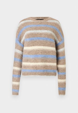 Sweter w paski w kolorach brązowym, kremowym i jasnoniebieskim. Wykonany z miękkiej, teksturowanej tkaniny, z okrągłym dekoltem i długimi rękawami.