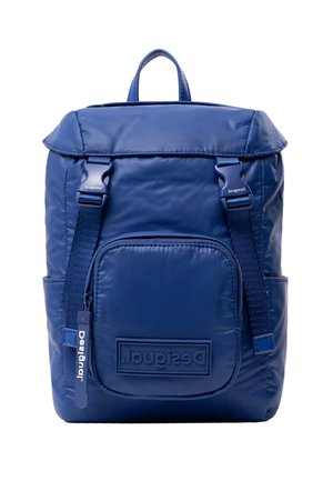 Blue Desigual backpack with flap, front zip pocket, adjustable buckle straps, and top handle, made of smooth synthetic material.