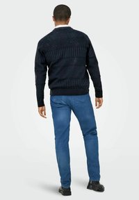 Pull en tricot bleu foncé avec divers motifs texturés, associé à un jean bleu clair et des chaussures noires, vu de dos.