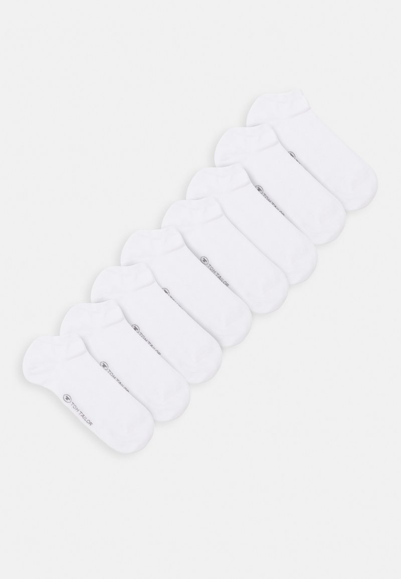 Pack of eight white ankle socks, made from soft cotton blend, featuring rounded toes and reinforced heel, with a small logo on each sock.