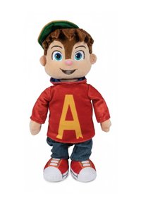 Plush doll wearing a red shirt with a yellow "A", blue jeans, and red sneakers, with brown hair and a green cap. Soft fabric texture.