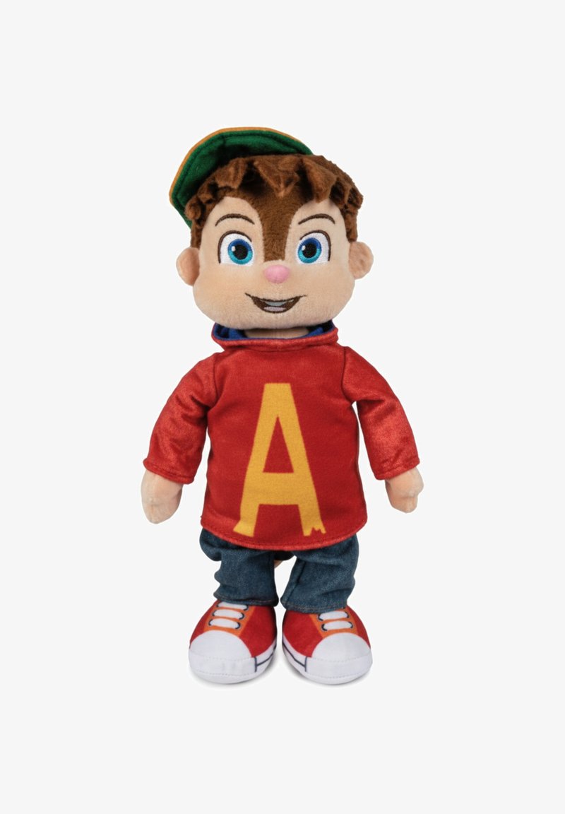 Plush doll wearing a red shirt with a yellow "A", blue jeans, and red sneakers, with brown hair and a green cap. Soft fabric texture.