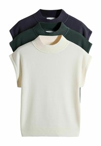 Three short-sleeve knitted sweaters in white, dark green, and dark blue, stacked on a white background.