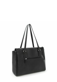 Black leather tote bag with two thin handles, a textured finish, and a zippered pocket on the front. Rectangular shape with a structured design.