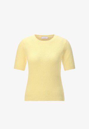 Pulover scurt cu mâneci scurte, de culoare galben moale, cu guler rotund și model texturat cu dungi.