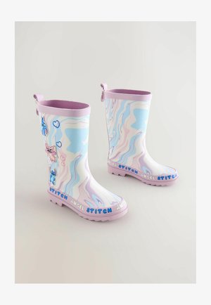 Lila és fehér márványozott gumicsizmákon rajzfilmfigurák és kék színű "STITCH ANGEL STITCH" felirat található az alján.