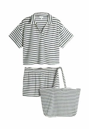 White short-sleeve collared shirt, matching elastic waist shorts, and tote bag, all with thin black horizontal stripes.