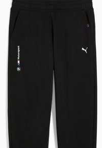 Pantalons de survêtement noirs en matériau doux, avec un logo Puma blanc, un marquage BMW Motorsport et des poches latérales. Ceinture élastique incluse.