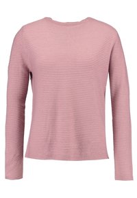 Maglione rosa a maniche lunghe con motivo a strisce testurizzate, scollo a coste e orlo dritto, realizzato in morbido materiale lavorato a maglia.