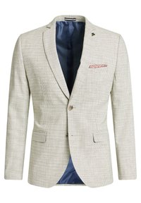 Ljust grå rutigt blazer med slag, två framfickor, en blåfoder och en dekorativ ficknäsduk med röda och blå mönster.