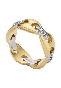 Guld- og sølvmetalring med sammenflettede kæder, prydet med klare krystaller på de sølvfarvede detaljer, der fremhæver glatte og polerede overflader.