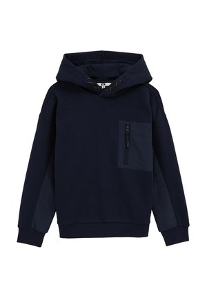 Hanorac albastru marin cu glugă, buzunar frontal cu fermoar pe piept, manșete și tiv cu striații, glugă ajustabilă cu șnur.