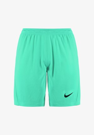 Helle türkisfarbene Nike-Shorts mit einem elastischen Bund und schwarzem Logo am linken Bein. Glatte Textur, knielange Schnittform, ohne Taschen oder Muster.