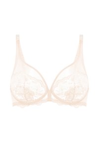 Beige blonde bh med blomsterbroderi, bøjle støtte, justerbare stropper og bølgede kanter.