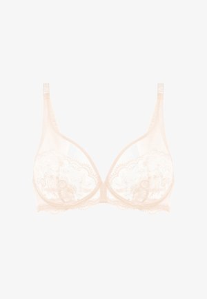 Soutien-gorge en dentelle beige avec broderie florale, soutien-gorge avec armatures, bretelles réglables et bords festonnés.
