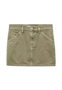 Khaki denim mini-rok met een rechte snit, voorzakken, riemlussen en een enkele knoopsluiting. Textuurstof met een verouderde afwerking.