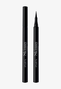 Penna eyeliner nera con punta fina, design sottile, con marchio argento. Il cappuccio è arrotondato; la penna è elegante e opaca.