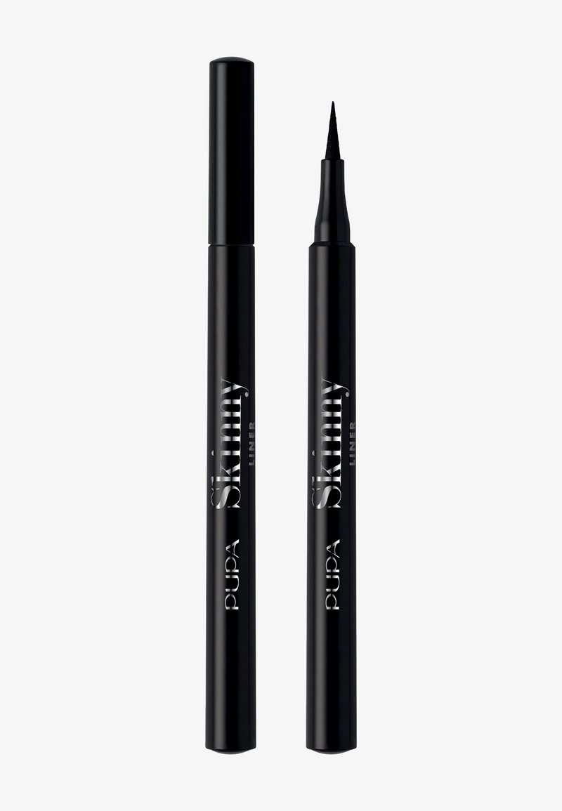 Penna eyeliner nera con punta fina, design sottile, con marchio argento. Il cappuccio è arrotondato; la penna è elegante e opaca.