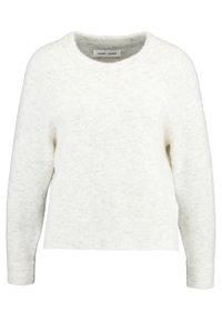 Weißer Strickpullover mit Rundhalsausschnitt, langen Ärmeln und gerippten Bündchen. Weiche Textur mit einem dezenten Muster über den gesamten Stoff.