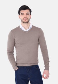 Maglione leggero a V in marrone chiaro, realizzato in tessuto morbido. Presenta polsini e orlo a costine, indossato sopra una camicia bianca con colletto.