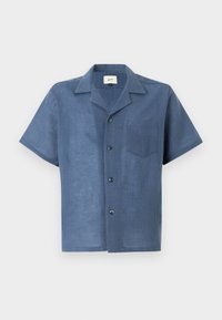 Lühikeste varrukatega nööpideg shirt tumedas sinises linases, millel on rinna tasku, Kuuba krae ja vabalt langev lõige, kontrastsete nööpidega.