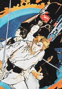 Graafiline illustreerimine, kus on kujutatud kolme figuuri heledates riietes, tumeda tausta ees punaste ja oranžide aktsentidega.