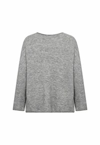 Pullover grigio lavorato a maglia con una vestibilità rilassata, caratterizzato da un ampio scollo e maniche a tre quarti. Texture morbida e design minimalista.
