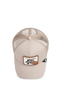 Beige baseball cap with mesh back, featuring an embroidered patch of a goat and the text "G.O.A.T." on the front. Plastic snap closure.
