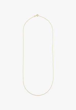 Goldkette mit einem zarten Gliederdesign, glatter Oberfläche und einem Karabinerverschluss. Die Länge eignet sich sowohl für das Übereinandertragen als auch für das Tragen als Einzelstück.