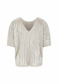 Metalen zilverkleurig shirt met korte mouwen en een diepe V-hals. Heeft verticale plooien en een losse pasvorm, gemaakt van een lichtgewicht textuurstof.