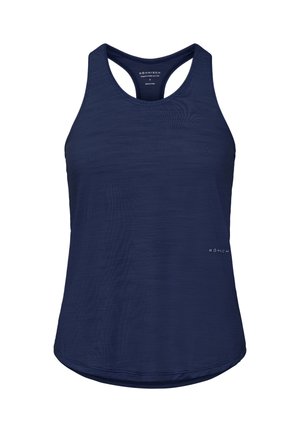 Marineblauw atletisch tanktop met een racerback-ontwerp, voorzien van een gladde textuur en subtiele glans. Logo gedrukt op de onderkant aan de voorkant.
