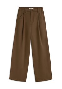 Bruine wijde broek met een hoge tailleband, voorzien van twee voorplooien, zijzakken en een enkele knoopsluiting. Soepele textuur.