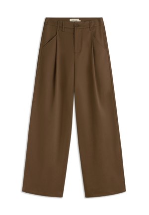 Bruine wijde broek met een hoge tailleband, voorzien van twee voorplooien, zijzakken en een enkele knoopsluiting. Soepele textuur.