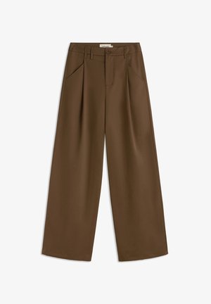 Brown wide-leg trousers with a high waistband, featuring two front pleats, side pockets, and a single button closure. Smooth texture.