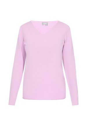 Dolga majica z V-izrezom v mehki roza tkanini z gladko teksturo in enotno barvo. Preprost dizajn brez vzorcev ali okraskov.