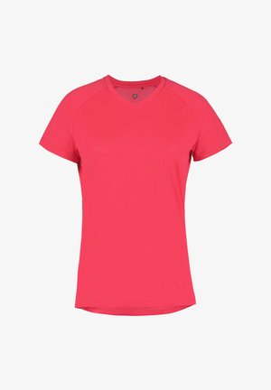 Kortærmet, V-hals aktiv t-shirt i ensfarvet lys pink. Lavet af glat, åndbart stof med en let strækbar tekstur.