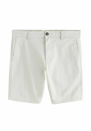 Hellgraue legere Shorts mit Gürtelschlaufen, Vorderknopf, Reißverschluss und Seitentaschen auf weißem Hintergrund.