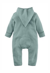Fleece babypakje in zacht turquoise, voorzien van een capuchon en lange mouwen met ribgebreide manchetten. Inclusief een ronde achterpaneel voor gemakkelijk aantrekken.