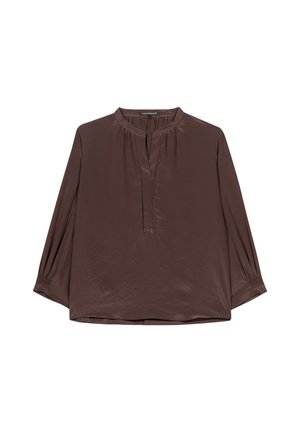 Brown long-sleeve blouse with a mandarin collar, pleated front, and elastic cuffs. Smooth, shiny fabric with a relaxed fit.